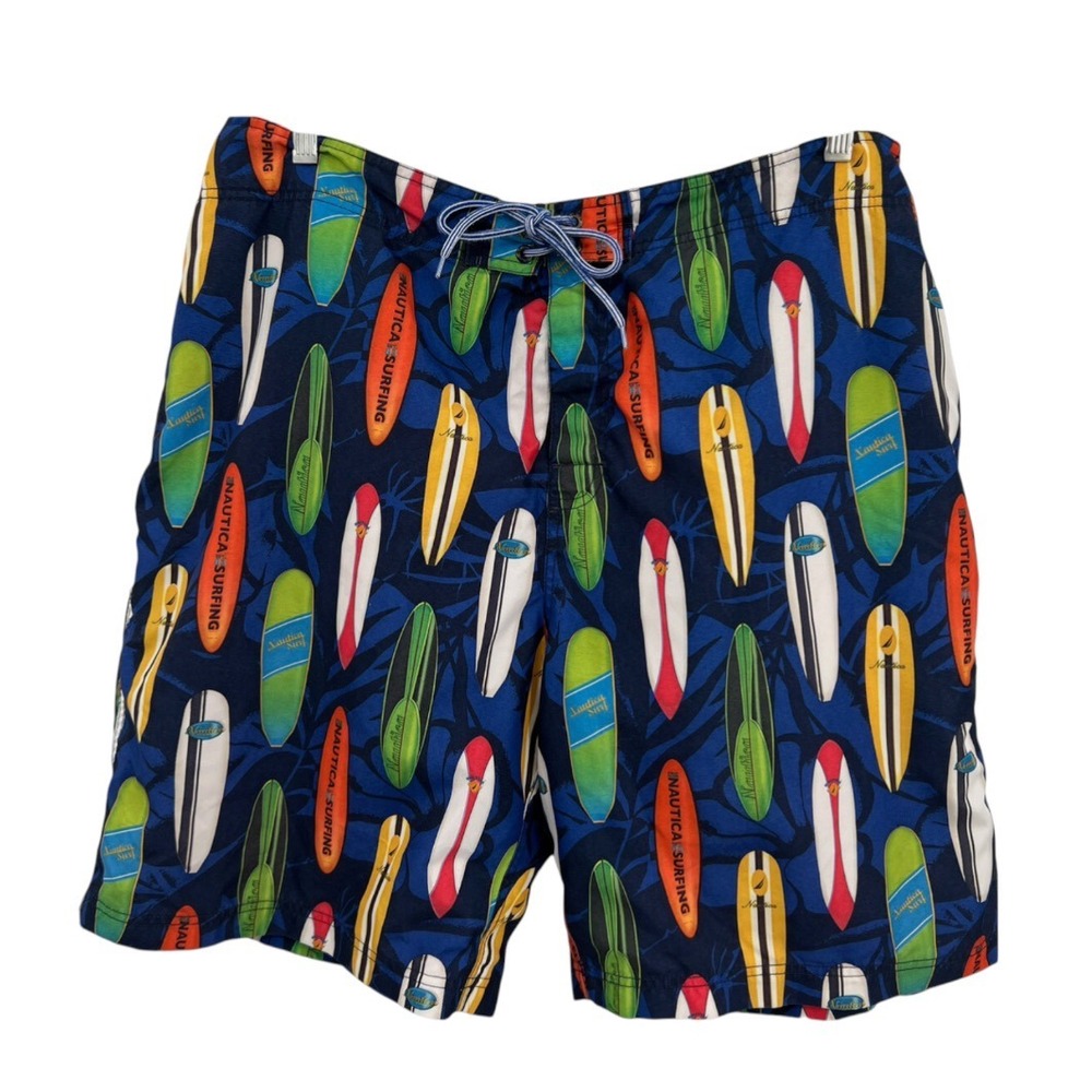 RETRO NAUTICA SWIM TRUNKS Board Shorts Surfing COLORFUL SURF BOARD PRINT sz 32